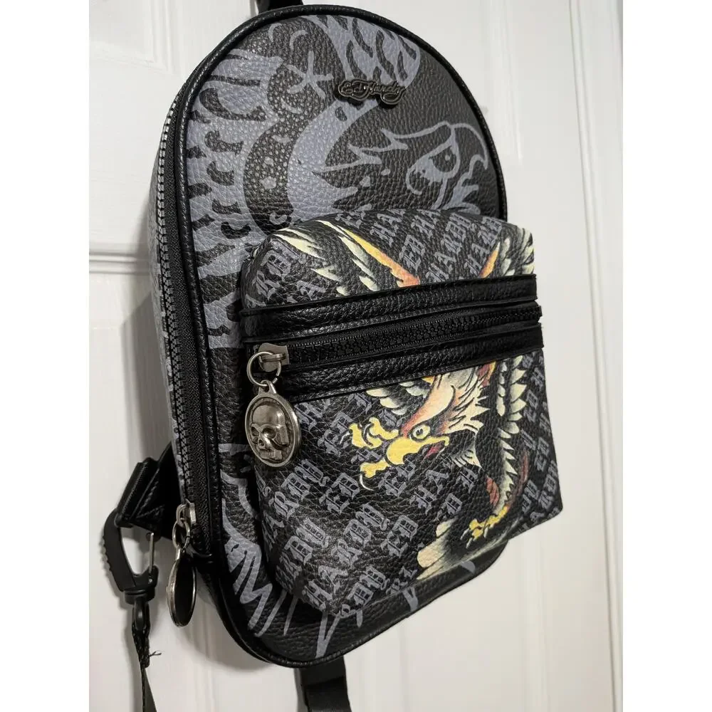 NWT Ed Hardy Eagle Tattoo Monogram Sling Bag Crossbody Backpack Black Y2K